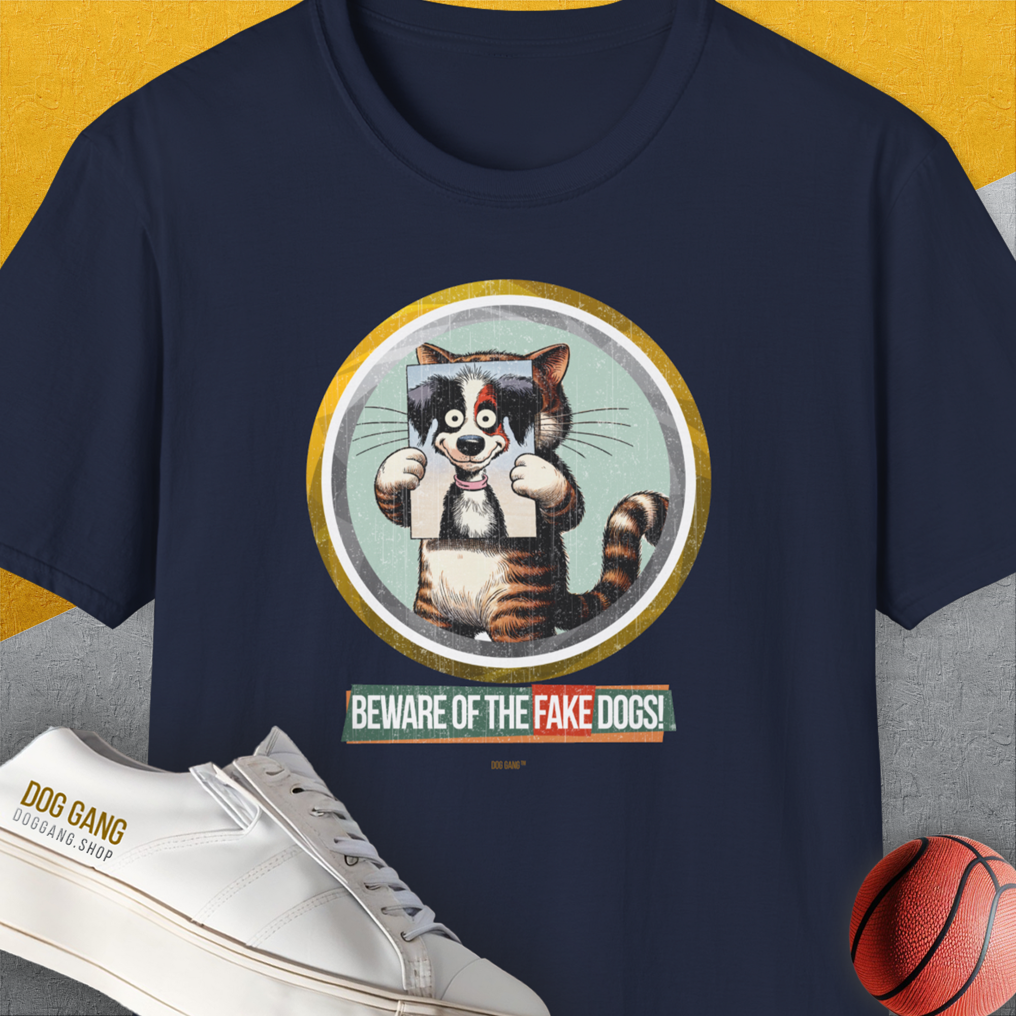Beware Of The Fake Dogs! Volume 2, Unisex T-Shirt-Navy, Design by Dog Gang