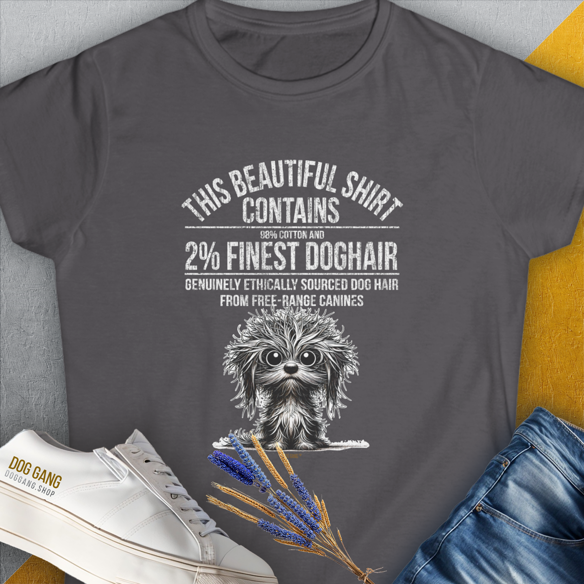 This Beautiful Shirt Contains Finest Dog Hair, Volume 3, Women's T-Shirt-Charcoal. For dog lovers and dog owners. Design by Dog Gang