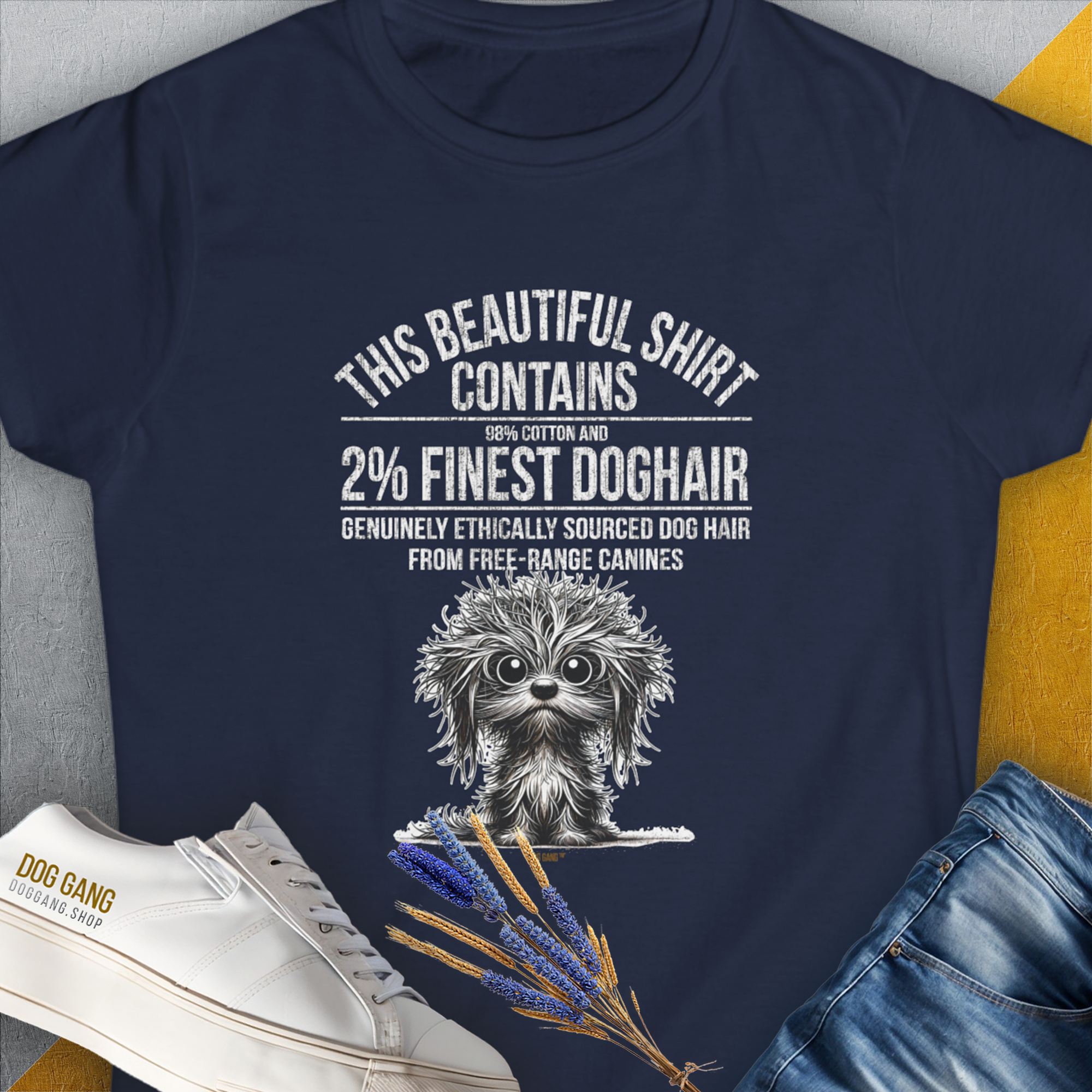 This Beautiful Shirt Contains Finest Dog Hair, Volume 3, Women's T-Shirt-Navy. A dog-themed Design from Dog Gang
