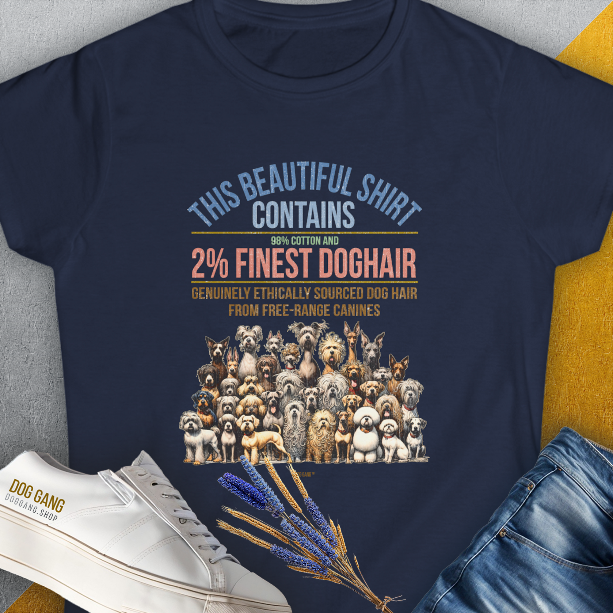 This Beautiful Shirt Contains Finest Dog Hair, Volume 6, Women's T-Shirt-Navy, a cool and stylish design with a funny saying from Dog Gang