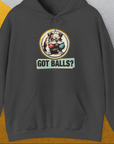 The funny dog shirt "Got Balls?" shows a cheeky, grumpy bulldog holding two fetch balls in his mouth. Ideal for dog owners, it brings humor to your wardrobe. Volume 1 of the legendary GOT BALLS? series. Design by Dog Gang.