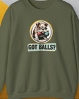 The Got Balls? Volume 1, Unisex Sweatshirt in Military Green showcases a funny bulldog graphic with 2 fetch balls in his mouth and playful text on the front. Designed by Dog Gang.