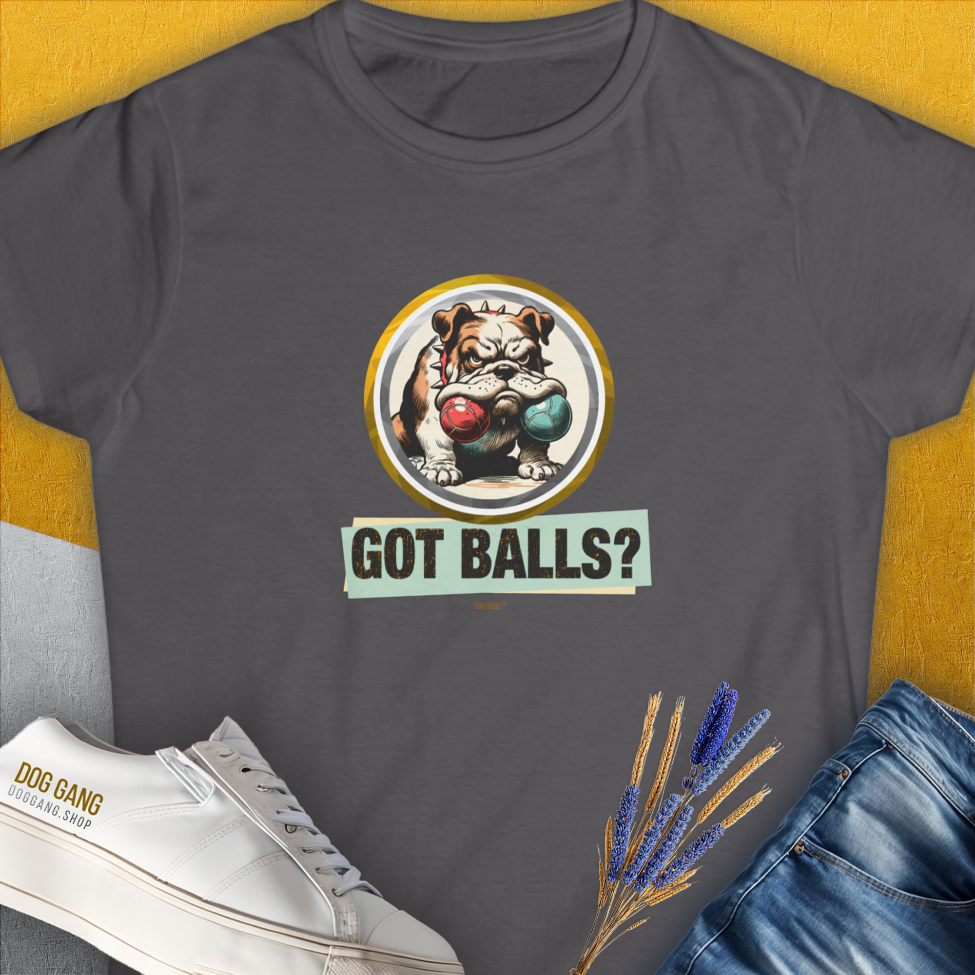 The charcoal shirt features a bulldog design with the text Got Balls?—a funny dog shirt for dog lovers. Designed by Dog Gang.