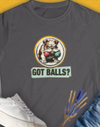 The charcoal shirt features a bulldog design with the text Got Balls?—a funny dog shirt for dog lovers. Designed by Dog Gang.