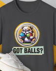 The Got Balls? Volume 2 unisex T-shirt showcases a cartoon bulldog with 2 fetch balls and playful text Got Balls? Its a funny dog shirt for any dog person. Designed by Dog Gang.