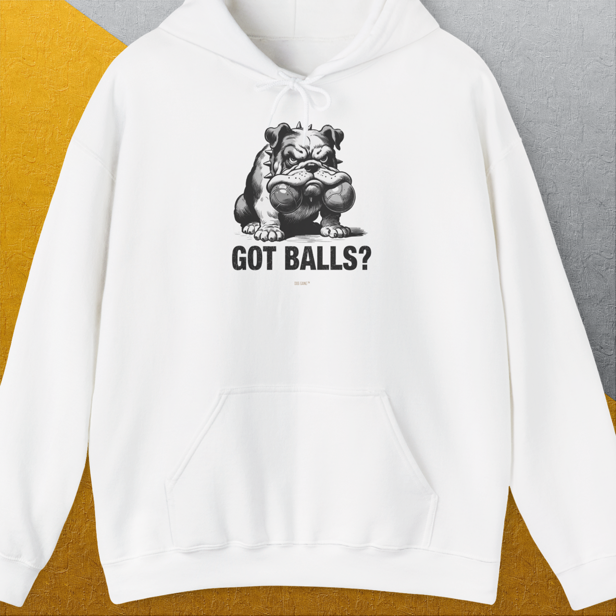 The Got Balls? Volume 3 shirt showcases a cartoon bulldog with 2 fetch balls in his mouth and the phrase GOT BALLS? Perfect for dog lovers. Designed by Dog Gang.