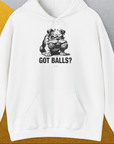The Got Balls? Volume 3 shirt showcases a cartoon bulldog with 2 fetch balls in his mouth and the phrase GOT BALLS? Perfect for dog lovers. Designed by Dog Gang.