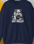 The sweatshirt boasts a funny dog design with a bulldog illustration holding two fetch balls in his mouth and the bold white text GOT BALLS? From the Swiss design label Dog Gang.