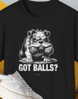 Black unisex Got Balls? Volume 3 t-shirt features a cute dog design with a cartoon bulldog holding two fetch balls in his mouth and the cheeky caption "Got Balls?" Designed by Dog Gang.