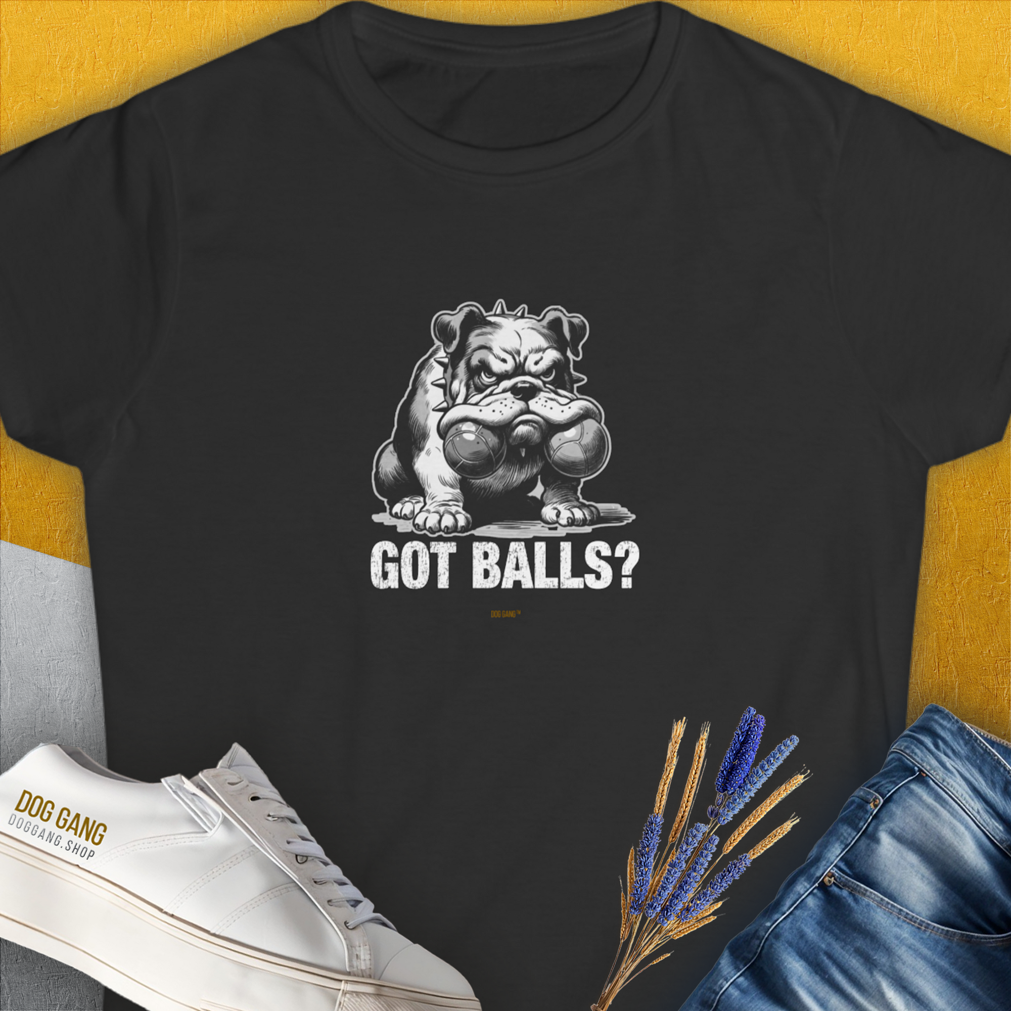 The Got Balls? Volume 3 T-shirt features a funny bulldog illustration with bold text, perfect for any dog lover. Designed by Dog Gang.