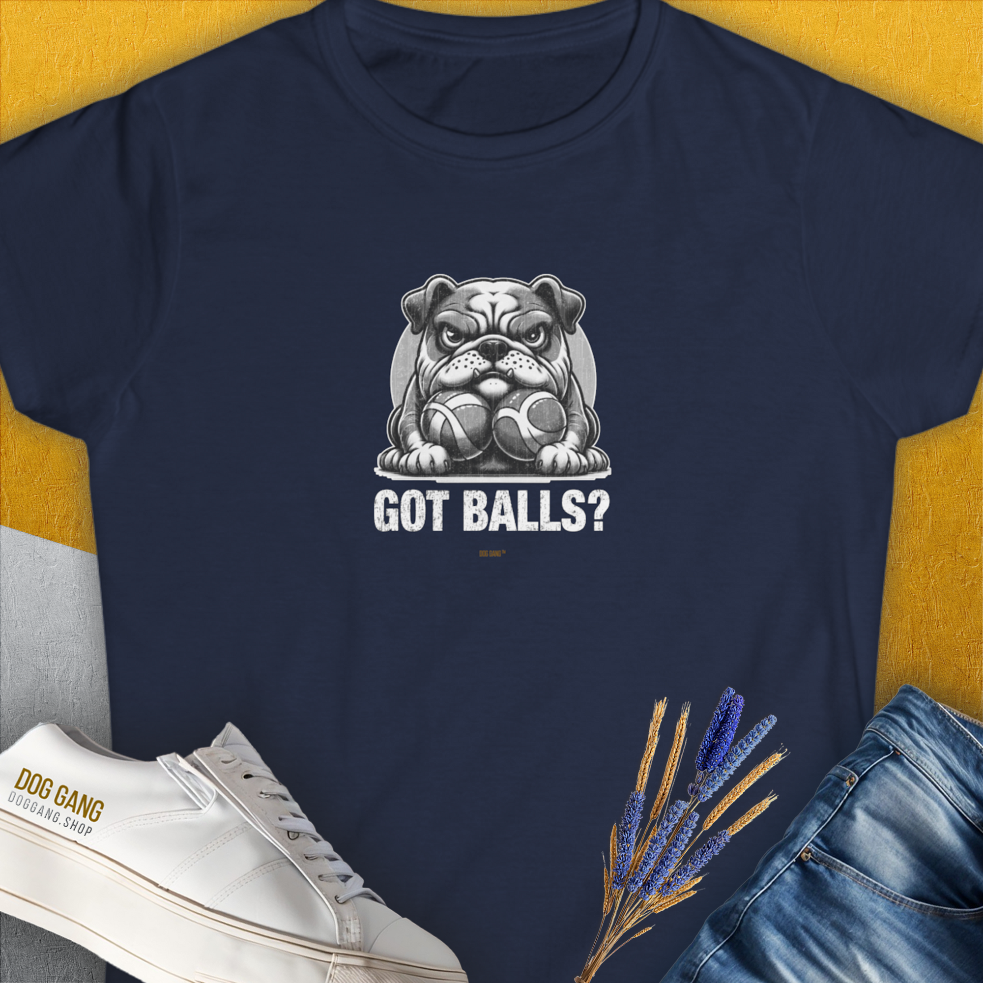 The Womens Navy Got Balls? Volume 4 T-Shirt features a funny bulldog design holding 2 balls with colorful text. Designed by Dog Gang.