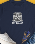 The Womens Navy Got Balls? Volume 4 T-Shirt features a funny bulldog design holding 2 balls with colorful text. Designed by Dog Gang.