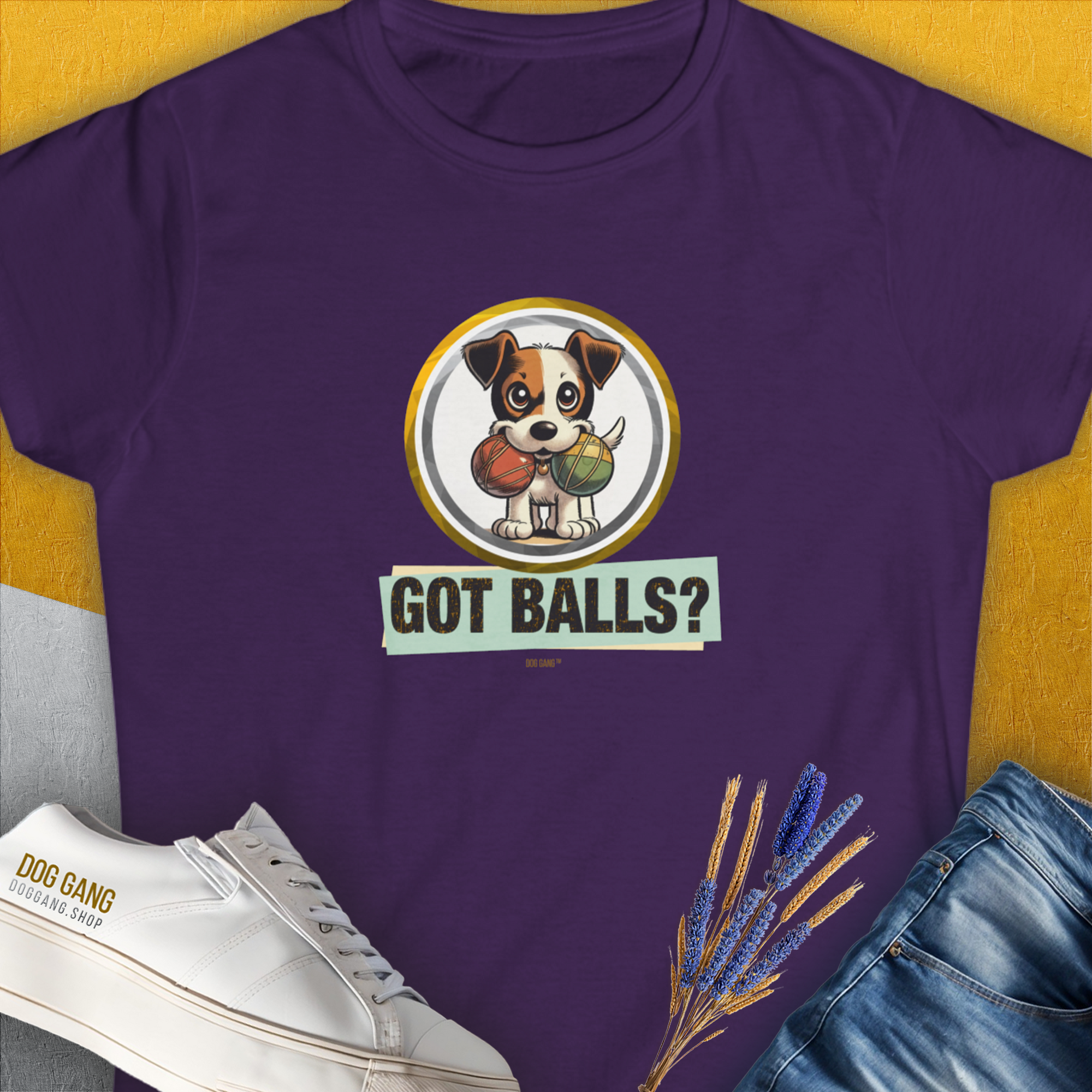 The Got Balls? Volume 5 Womens T-Shirt in purple showcases a playful cartoon dog with two fetch balls and the cheeky phrase Got Balls? A funny shirt for any dog lover. Designed by Dog Gang.