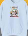 The I Like Dogs And They Like Me Too, Volume 1 unisex hoodie features a cartoon dog face and playful text on light blue. Its a must-have for any dog lover with its cute dog design. Designed by Dog Gang.