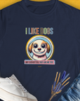 Navy womens T-shirt with I Like Dogs And They Like Me Too, Volume 1 featuring a cartoon dog and playful message. Designed by Dog Gang.