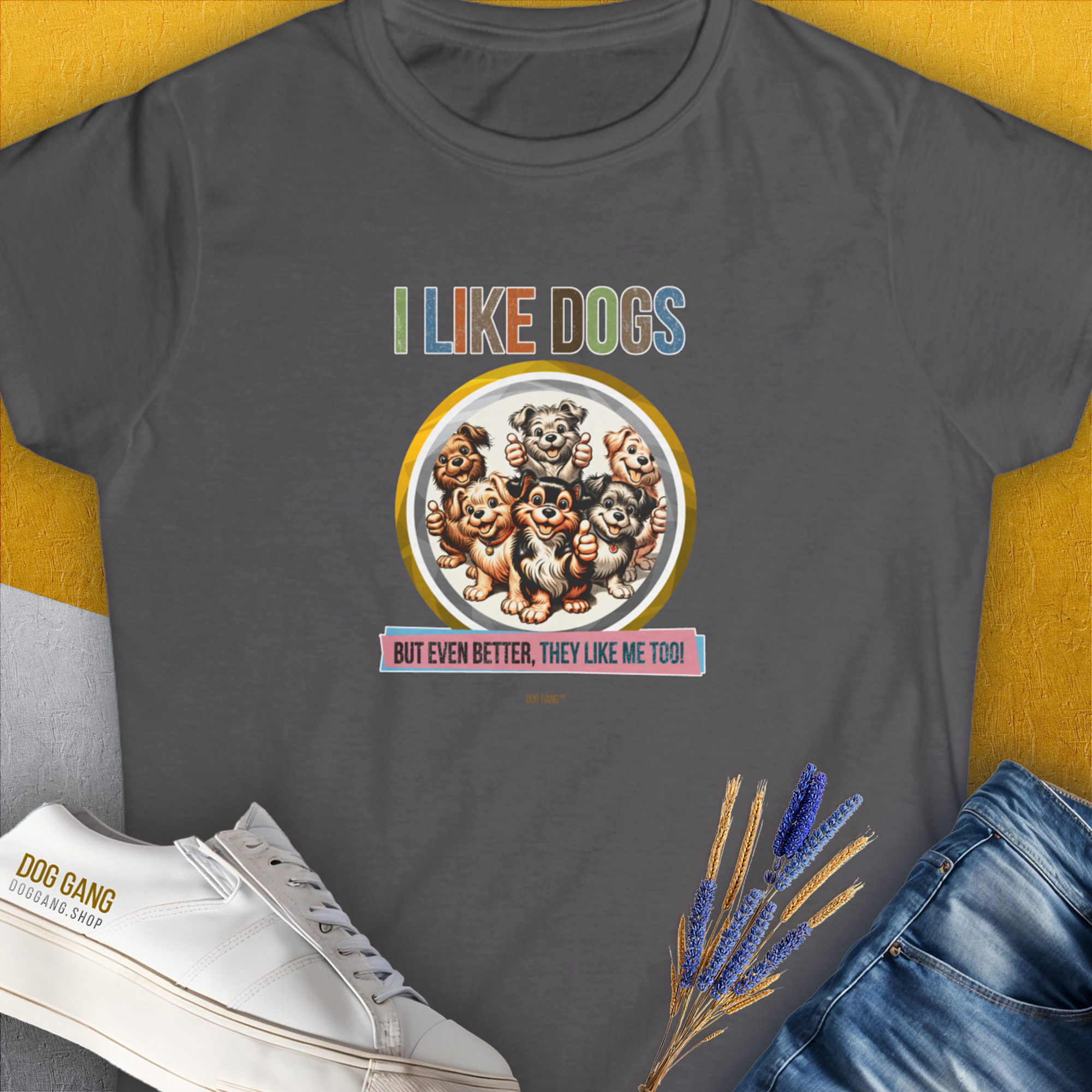 This funny dog shirt in charcoal features playful cartoon dogs and the saying, I like dogs, but even better, they like me too! Designed by Dog Gang.