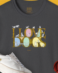 Unisex t-shirt with a cute dog design, showcasing I LOVE DOGS text and dog illustrations on a yellow background. Designed by Dog Gang.