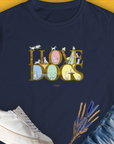 Navy womens t-shirt with I LOVE DOGS and charming dog illustrations. Designed by Dog Gang. Perfect for the dog lover.