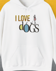 Funny dog shirt with I LOVE dogs and a woman walking her dog in a vibrant design. Designed by Dog Gang.