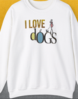 Funny dog shirt: The I Love Dogs - Series I, Volume 2 Unisex Sweatshirt in white displays I LOVE dogs with a person walking a dog on the word dogs, crafted from a cotton-polyester blend. Designed by Dog Gang.