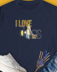 Navy womens t-shirt featuring a vintage design with a graphic of a woman and her dog, accompanied by "I Love Dogs" - a piece of the popular I LOVE DOGS-Series, designed by Dog Gang. Series 1, Volume 3.