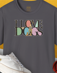 Funny dog shirt with I Love Dogs and a partially visible basketball adding a playful twist. Designed by Dog Gang.