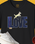 The I Love Dogs - Series I, Volume 7 unisex T-shirt features a jumping dog graphic with I LOVE dogs text. Perfect for any dog lover. Designed by Dog Gang.