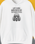Life Sucks When You've Lost Your Favorite Fetch Ball, Volume 7, Unisex Hoodie-White-Kapuzi mit lustigem Spruch für Hundefreunde, Design by Dog Gang