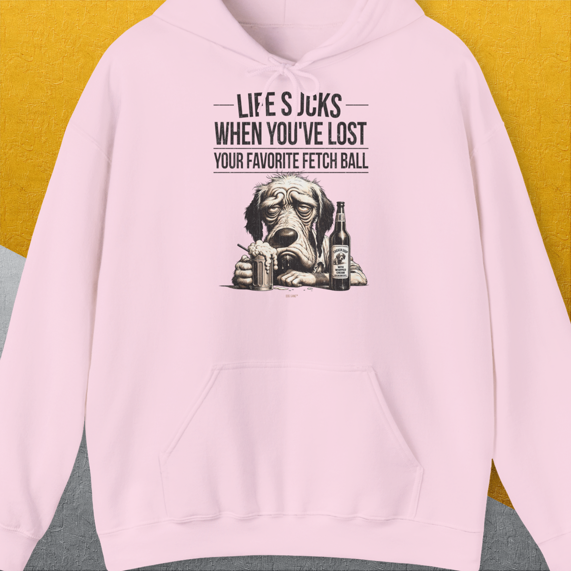 Life Sucks When You've Lost Your Favorite Fetch Ball, Volume 5, Unisex Hoodie-Light Pink-bequemes Shirt mit lustigem Spruch für Hundebesitzer, Design by Dog Gang