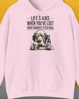 Life Sucks When You've Lost Your Favorite Fetch Ball, Volume 5, Unisex Hoodie-Light Pink-bequemes Shirt mit lustigem Spruch für Hundebesitzer, Design by Dog Gang