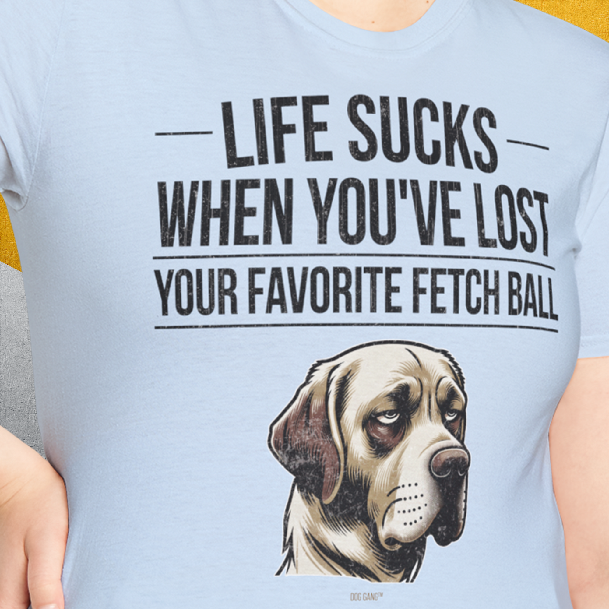 Eine Person trägt das Unisex-T-Shirt „Life Sucks When Youve Lost Your Favorite Fetch Ball, Volume 1“ aus weichem, 100 % Baumwolle mit einer traurigen Hundeillustration.
