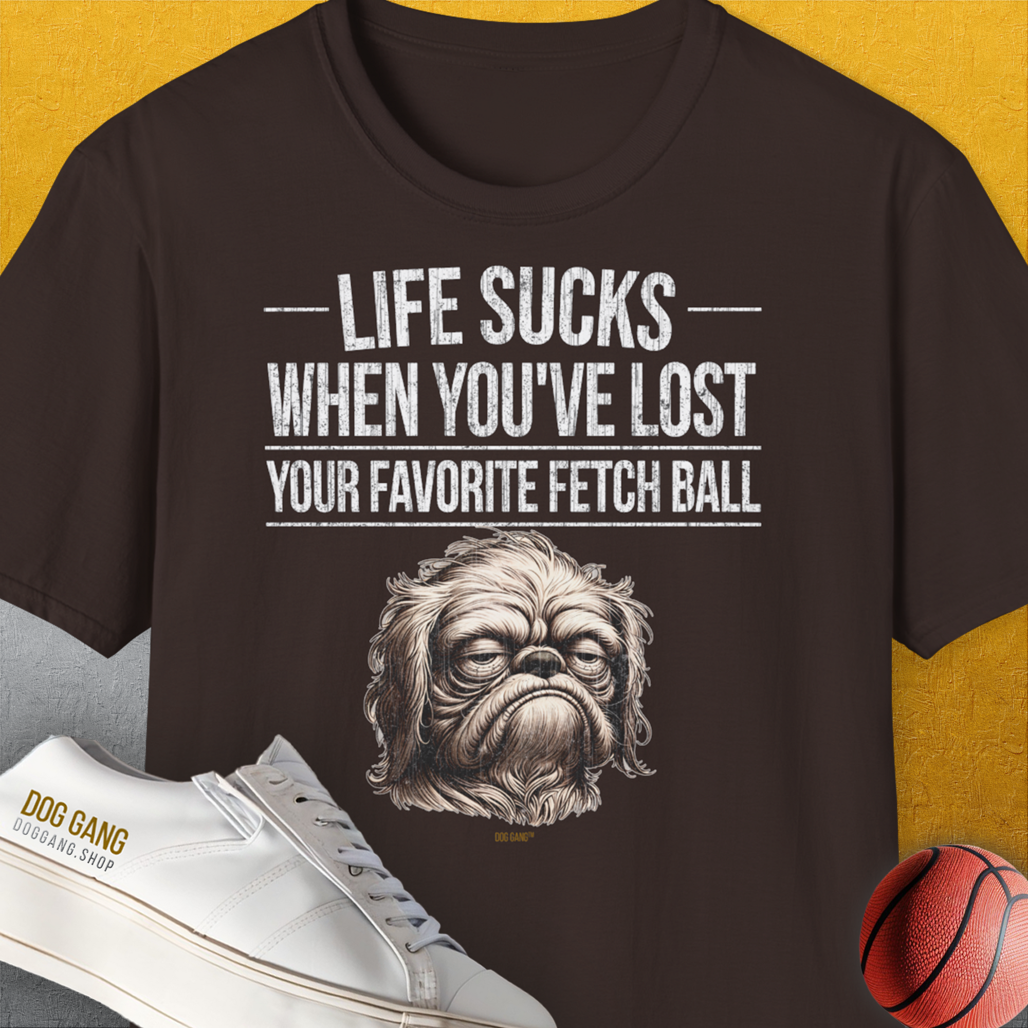 Life Sucks When You've Lost Your Favorite Fetch Ball, Volume 2, Unisex T-Shirt-Dark Chocolate-witziges Shirt mit lustigem Spruch für Hundefreund, Design by Dog Gang