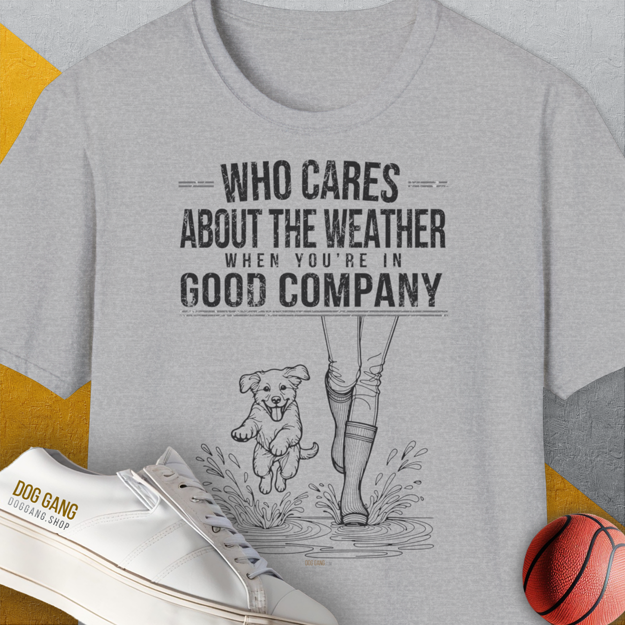 Who Cares About The Weather When You're In Good Company, Volume 2, Unisex T-Shirt-Sport Grey-cooles Tee mit lustigem Spruch für Hundefreunde, Design by Dog Gang