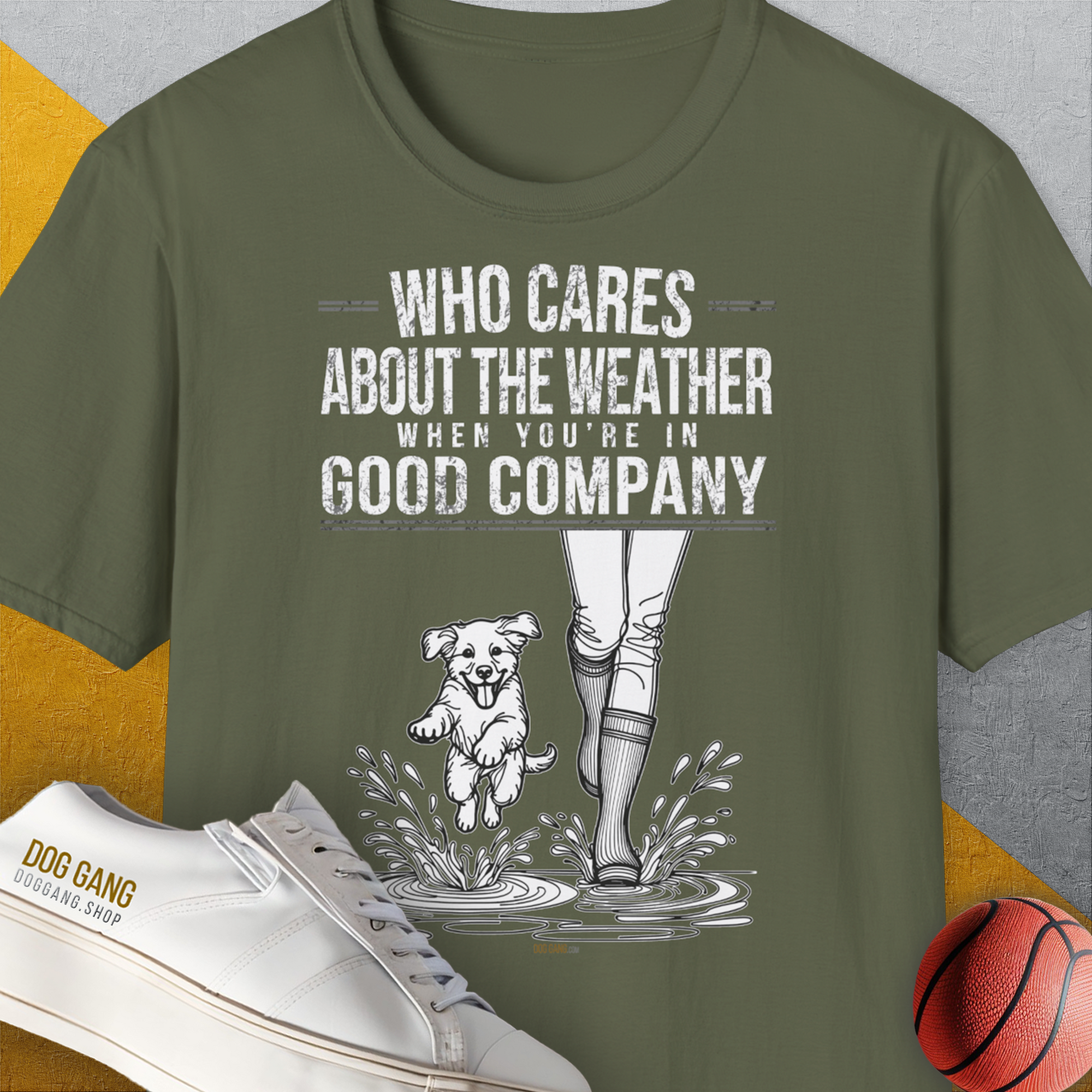 Who Cares About The Weather When You're In Good Company, Volume 2, Unisex T-Shirt-Military Green-originelles und lustiges Hundeshirt, Design by Dog Gang