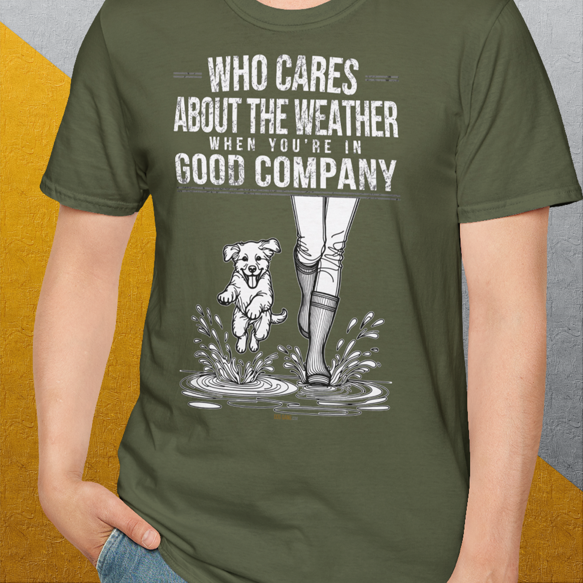 Who Cares About The Weather When You're In Good Company, Volume 2, Unisex T-Shirt-witziges Shirt mit lustigem Spruch für Hundefreund, Design by Dog Gang