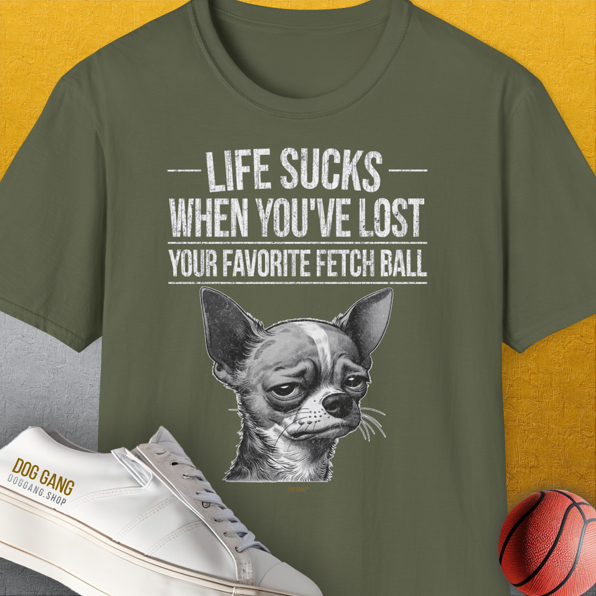 Life Sucks When You've Lost Your Favorite Fetch Ball, Volume 6, Unisex T-Shirt-Military Green-witziges Shirt mit lustigem Spruch für Hundefreund, Design by Dog Gang