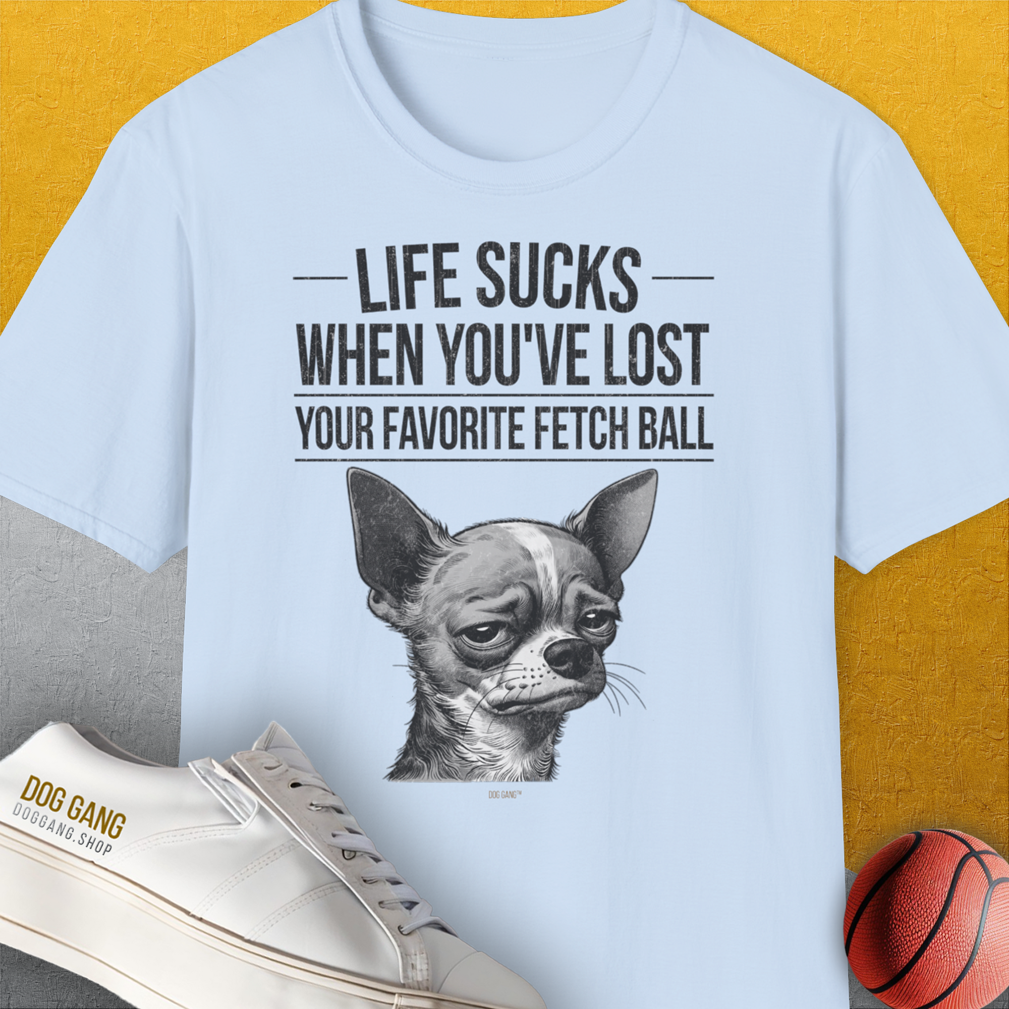 Life Sucks When You've Lost Your Favorite Fetch Ball, Volume 6, Unisex T-Shirt-Light Blue-originelles und lustiges Hundeshirt, Design by Dog Gang