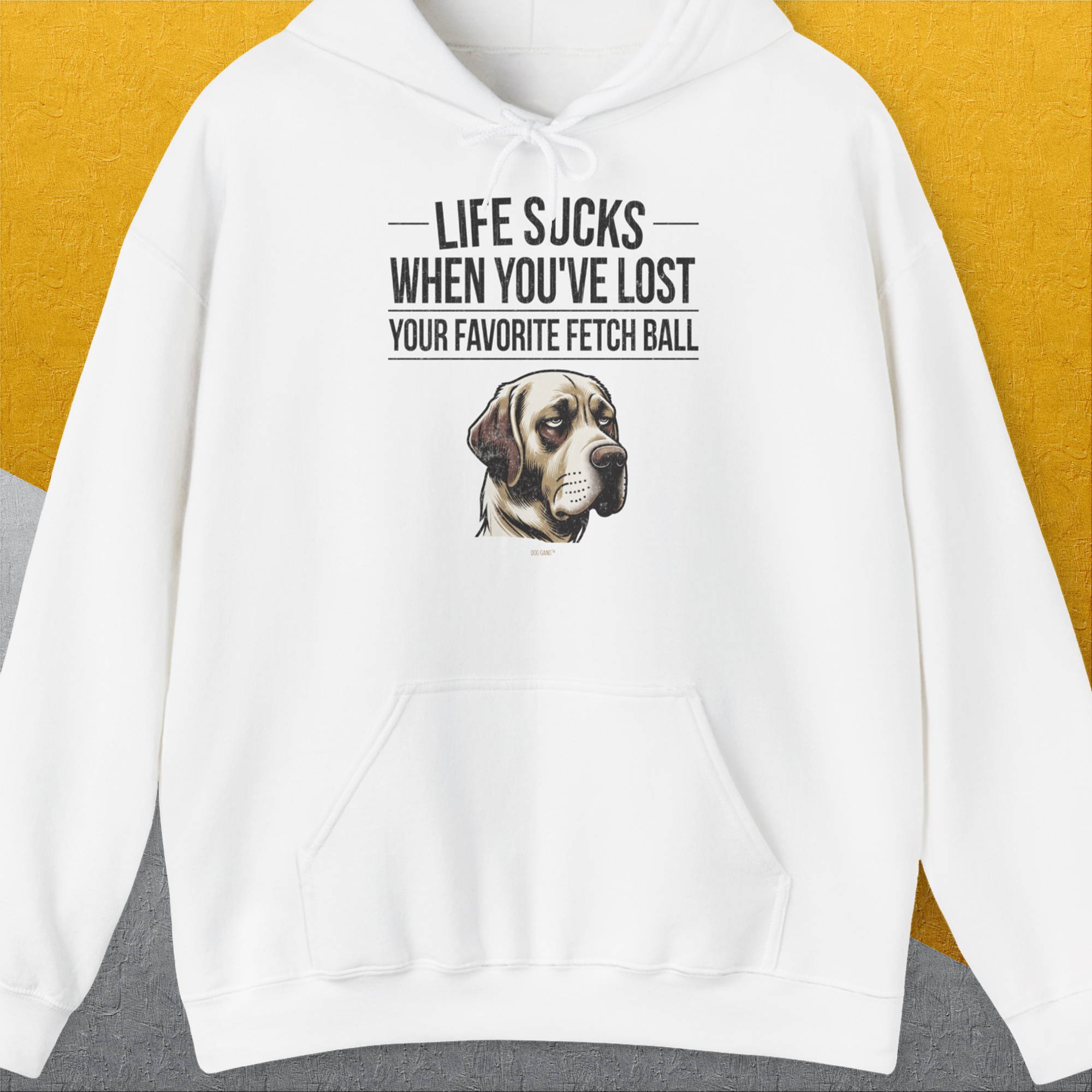 Life Sucks When You've Lost Your Favorite Fetch Ball, Volume 1, Unisex Hoodie-White-humorvolles Hundeshirt, lustiger Spruch mit Hund, Design by Dog Gang