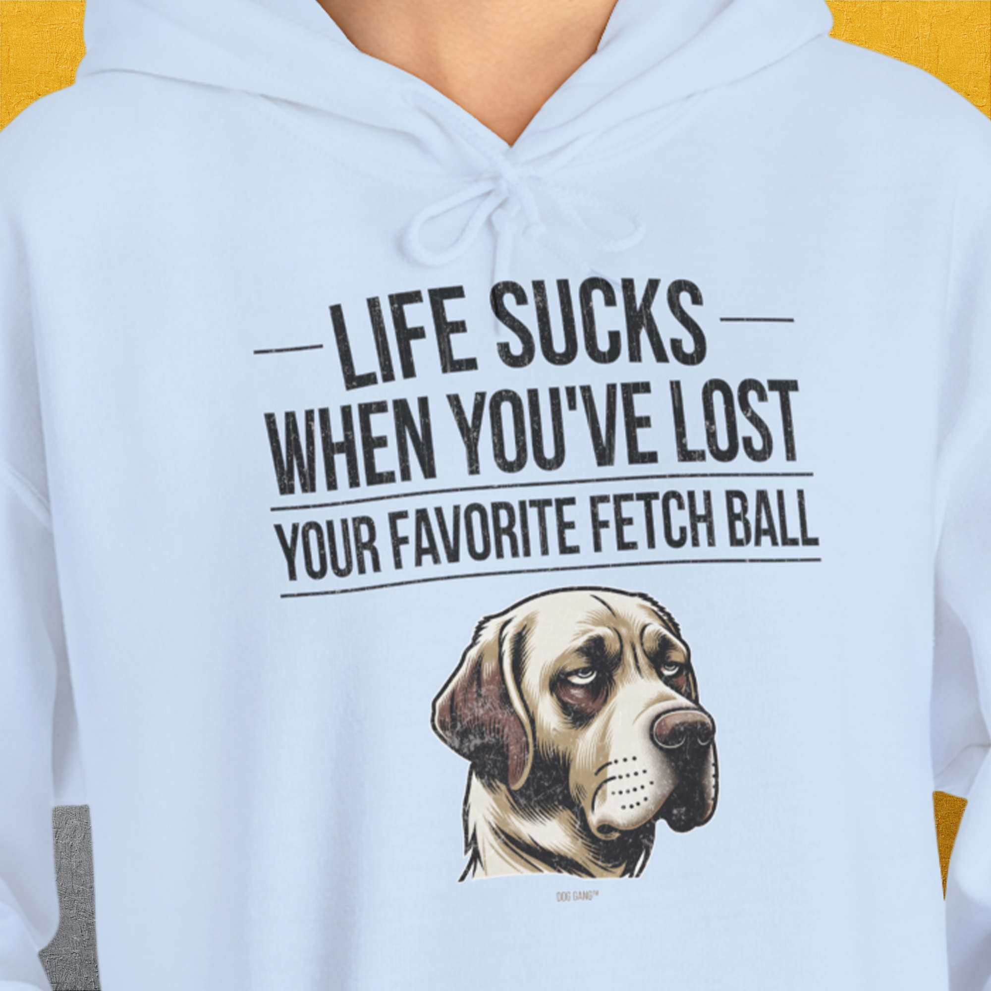 Life Sucks When You've Lost Your Favorite Fetch Ball, Volume 1, Unisex Hoodie-Light Blue, getragen von einer Frau. Design by Dog Gang