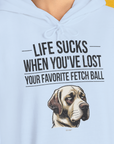 Life Sucks When You've Lost Your Favorite Fetch Ball, Volume 1, Unisex Hoodie-Light Blue, getragen von einer Frau. Design by Dog Gang