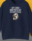 Life Sucks When You've Lost Your Favorite Fetch Ball, Volume 1, Unisex Hoodie-Navy- Lustiger Spruch mit Hund. Bequemes und weiches Kapuzen-Sweatshirt. Für Hundefreunde, in- und outdoor. Design by Dog Gang