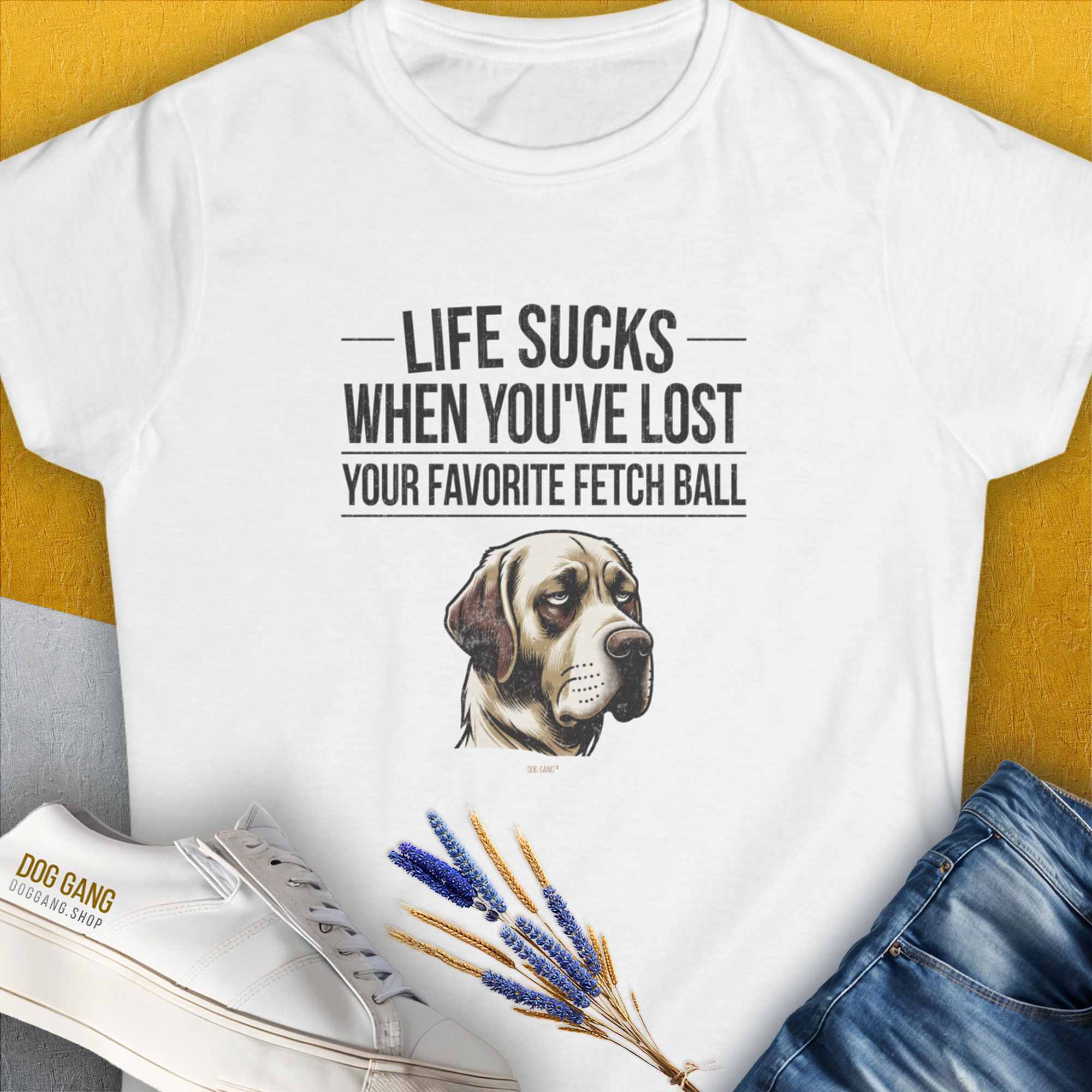 "*Life Sucks When Youve Lost Your Favorite Fetch Ball", Volume 1 print features a funny dog (Labrador) graphic, perfect for any dog lover. Designed by Dog Gang.