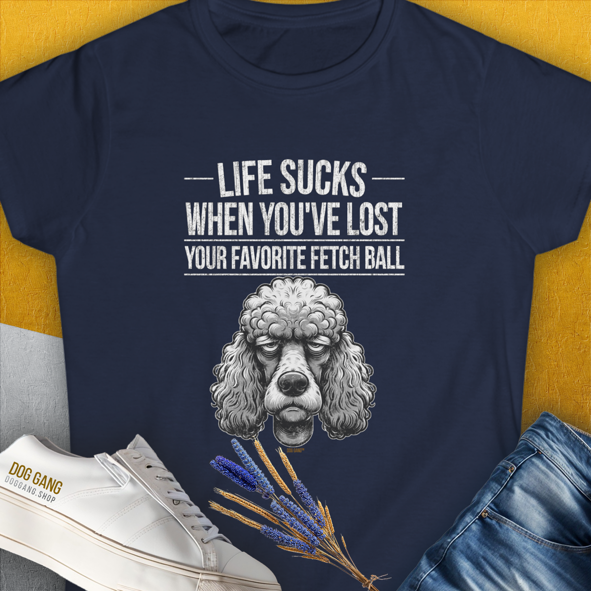 The navy Life Sucks When Youve Lost Your Favorite Fetch Ball, Volume 7 womens T-shirt features a funny dissapointed poodle illustration. Designed by Dog Gang.