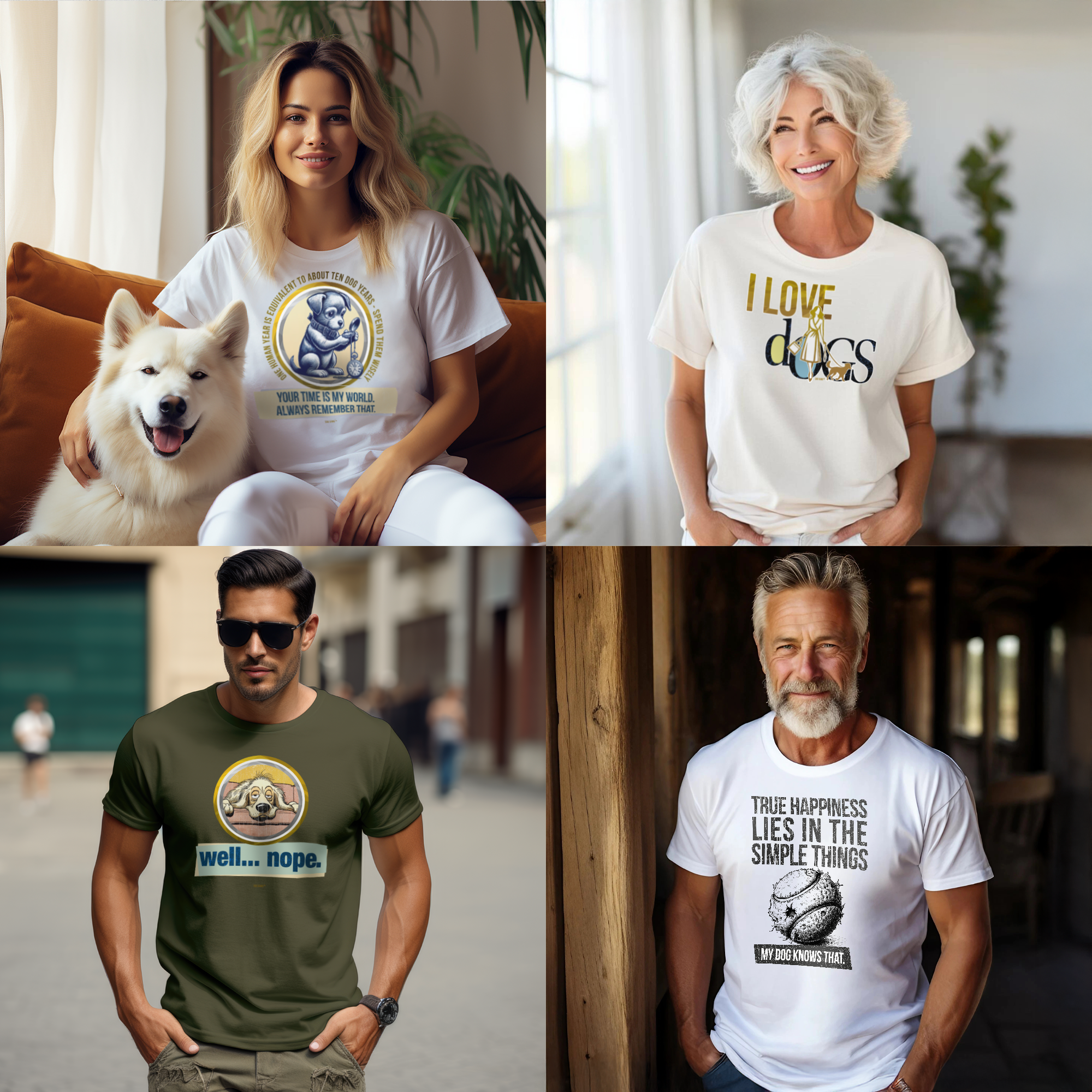 Collage aus vier Personen in Dog Gang T-Shirts für Hundefreunde. Oben links: Frau in einem T-Shirt aus der Serie „One human year = ten dog years“ mit einem süssen Hund der eine Uhr hält. Oben rechts: Frau in einem T-Shirt aus der grafischen Serie „I Love Dogs“. Unten links: Mann mit Sonnenbrille und einem lustigen Hunde - T-Shirt aus der Serie „Well... no“. Unten rechts: Mann in einem weißen „True Happiness“-Shirt. Alle Shirts gestaltet von Dog Gang (Trademark)
