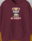The maroon hoodie sports a cartoon puppy with the phrase ME HUNGRY? for a funny dog design. Designed by Dog Gang.