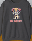 The Dark Heather sweatshirt showcases a cartoon dog with ME HUNGRY? text, perfect for any dog lover. Designed by Dog Gang.