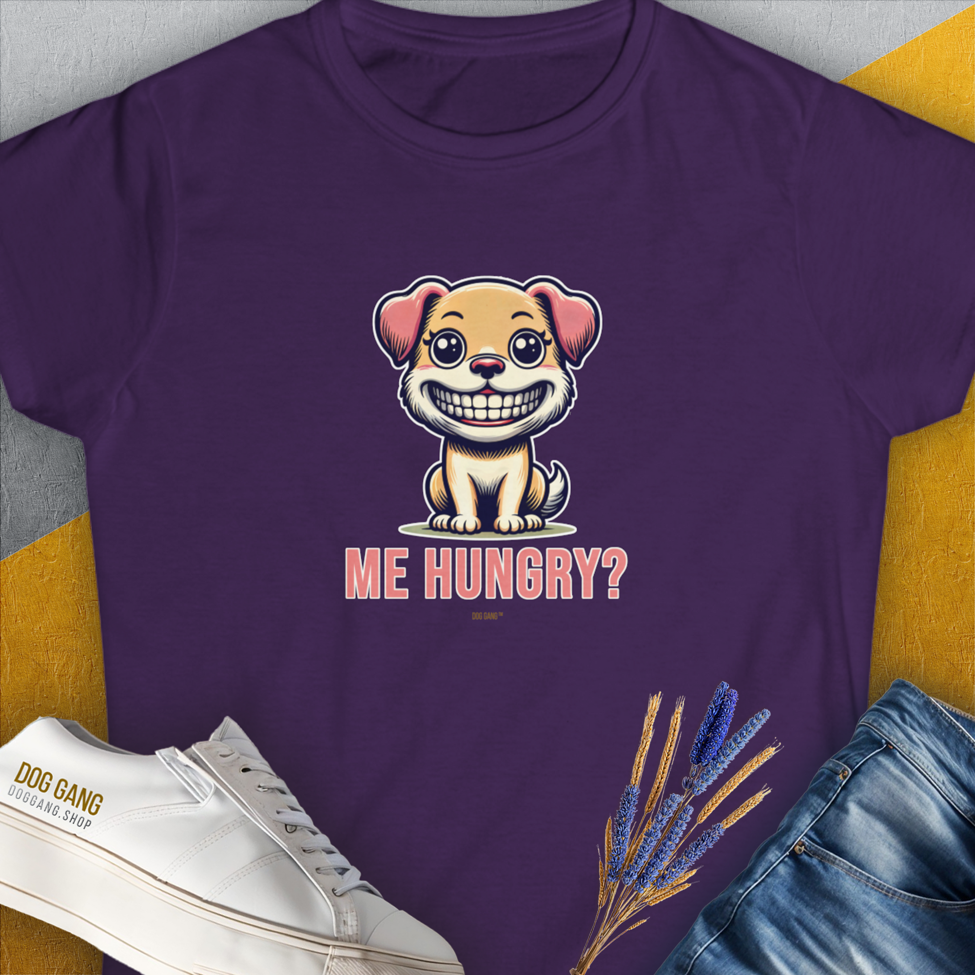 Cartoon dog asks ME HUNGRY? on a semi-fitted purple tee. Cute dog design for the playful dog person. Designed by Dog Gang.