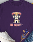 Cartoon dog asks ME HUNGRY? on a semi-fitted purple tee. Cute dog design for the playful dog person. Designed by Dog Gang.