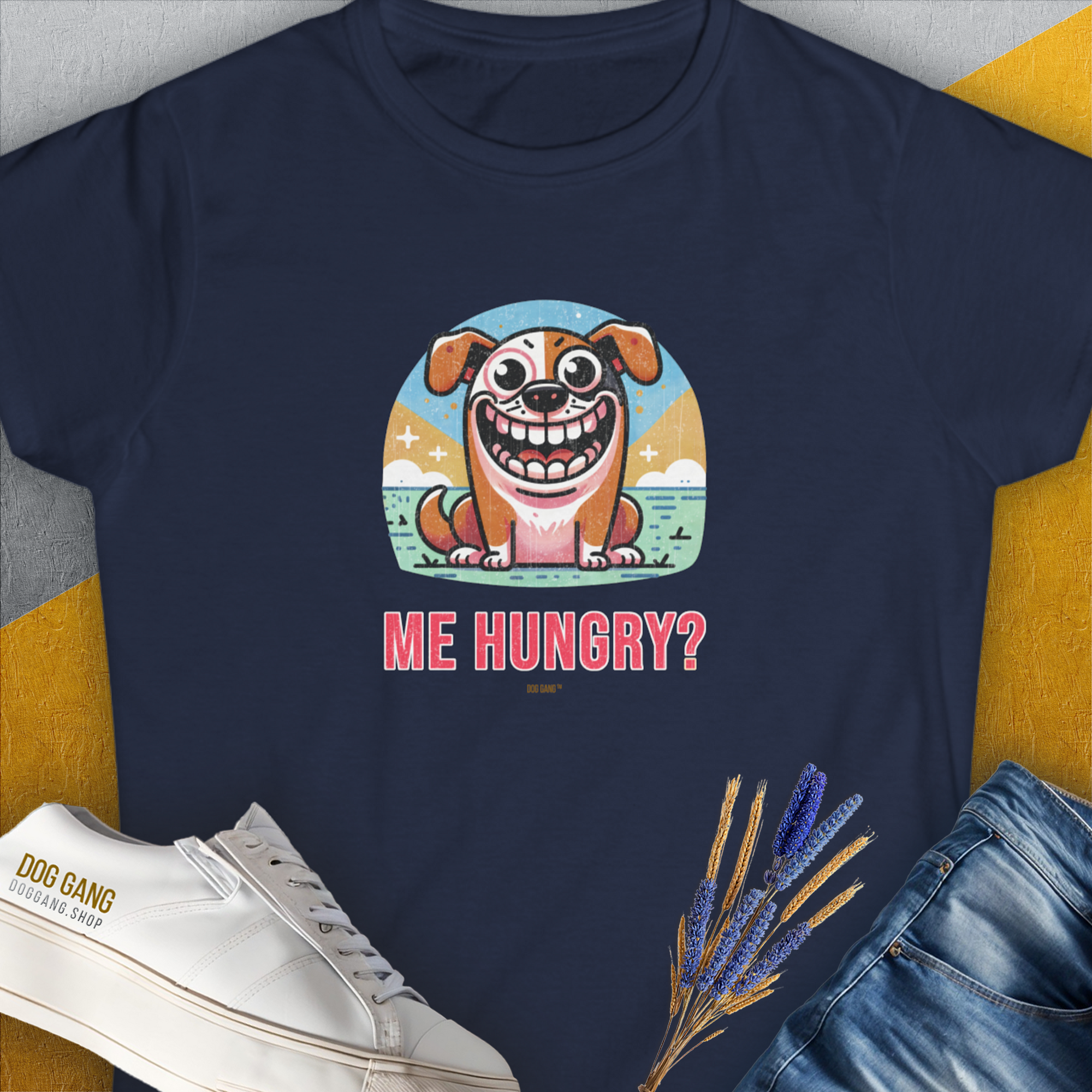 This navy tee showcases a cartoon dog with the text Me Hungry? Volume 3 in a cute dog design. Perfect for any dog lover. Designed by Dog Gang.