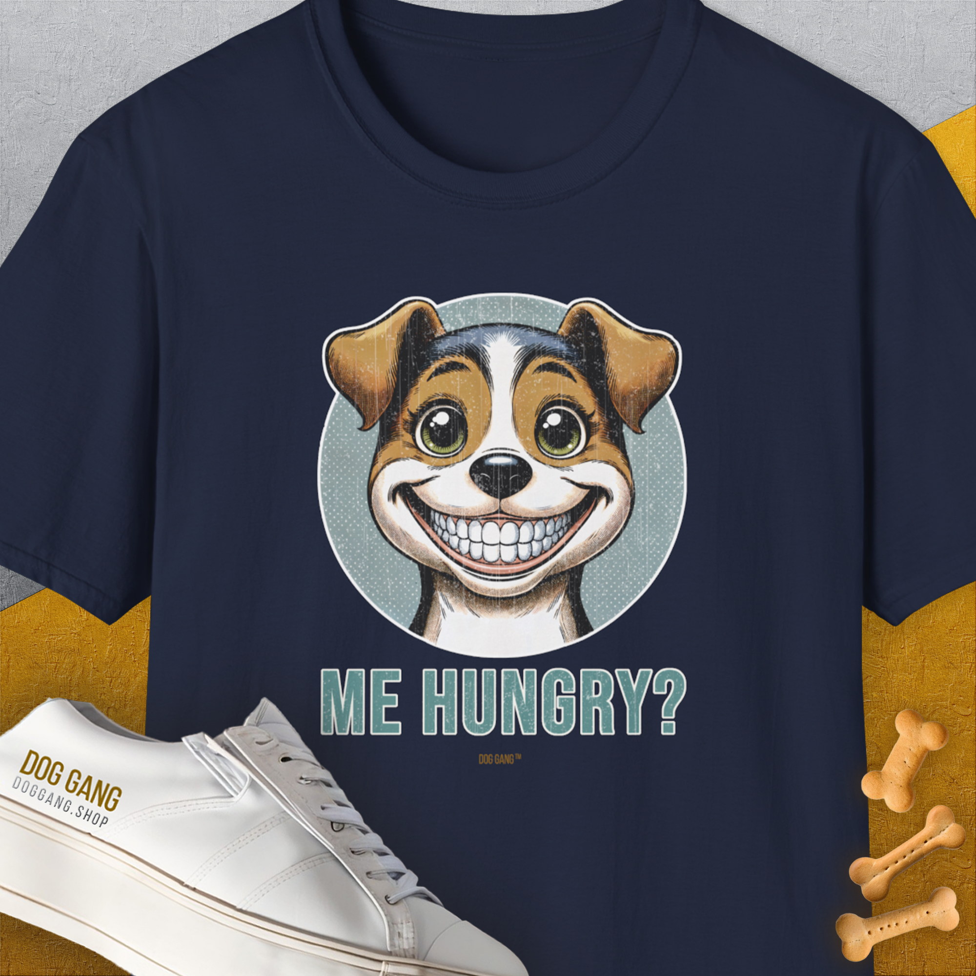 Funny dog shirt featuring a cartoon dog with the text ME HUNGRY? and playful bone-shaped treats. Designed by Dog Gang.